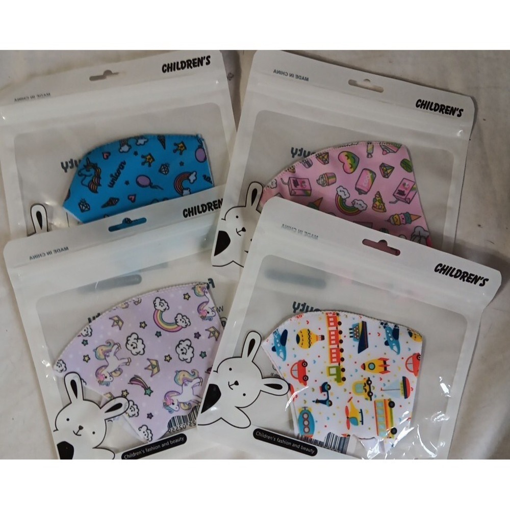 Children's Cloth‎ Face Masks Lot Of 4 Reusable Unicorns Cars Trains Airplanes